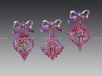 1301CR Капля ажурная с бантом лилово-серебряная голографическая, асс. из 3-х, 7,5х12 см (отдел елочная игрушка, подвеска на елку)