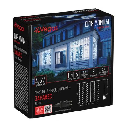 Электрогирлянда "Занавес" 1,5*1,5 м, 96 холодных LED ламп, 6 нитей, контроллер 8 режимов, прозрачный провод, с блоком питания, 55149