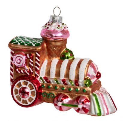 968 Паровозик пряничный (стекло) 11х5,5х9,5см 249916 (отдел елочная игрушка, подвеска на елку)